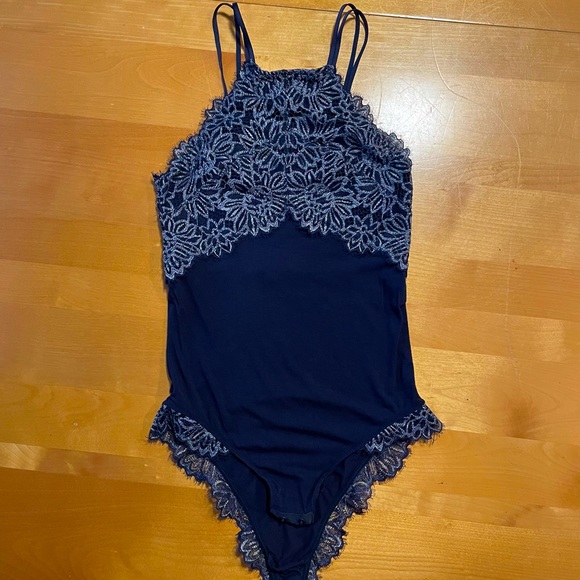 aerie Tops - Aerie High Neck Lace Trim Bodysuit